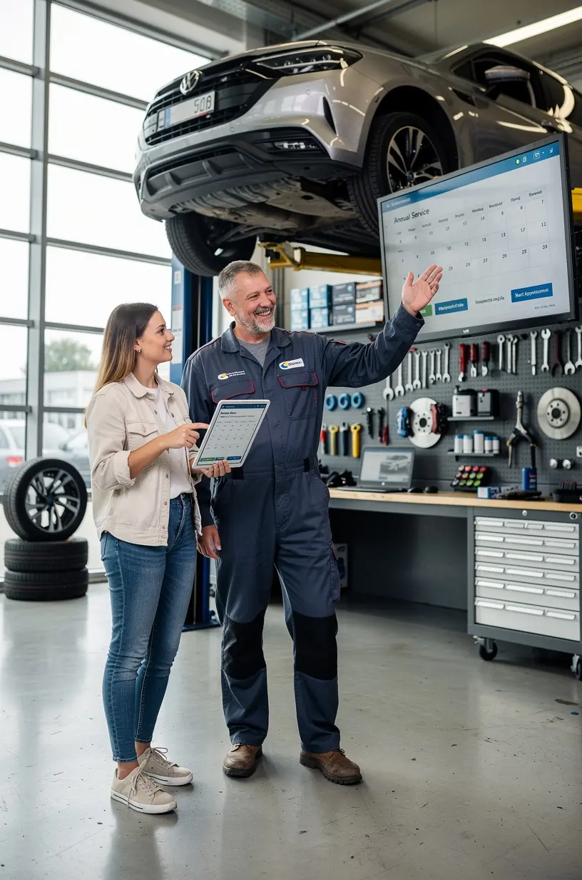 Mechaniker überprüft Auto im modernen Werkstatt mit digitalem Jahresservicekalender auf dem Tablet für präventive Wartung und bevorzugte Werkstatttermine.